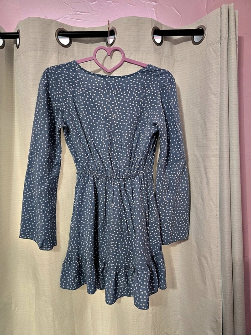 Subdued V-Neck Polka Dot Ruffle Dress Blue & White - Picture 2 of 3